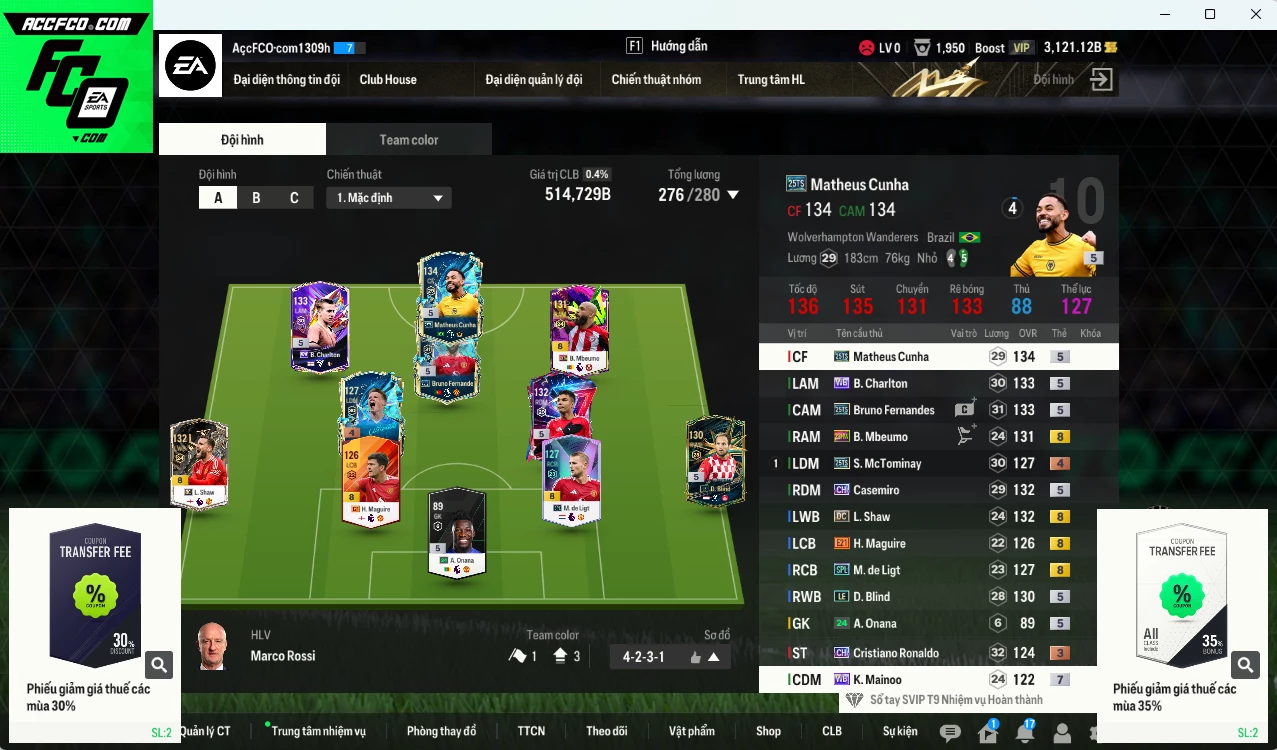[ACC Rẻ🔥] Man Utd. 514.720b có Matheus Cunha 25TS, Bruno 25TS, Charlton WB, Mbeumo 23HW, McTominay 25TS, Shaw DC, Casemiro CH (fix BP), Mainoo WB+7...